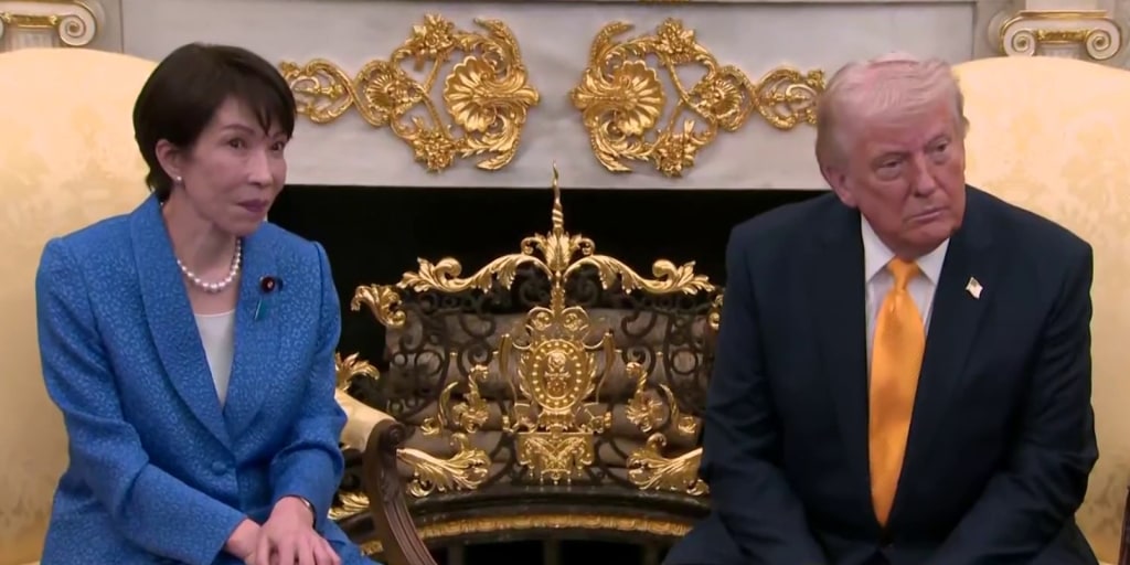 Trump, moments before testing out his new material on ‘places where thousands died’ in front of a very trapped Japanese prime minister.