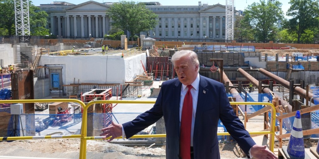 Trump explains his Iran strategy while pointing to where the really *tremendous* chandeliers will go.