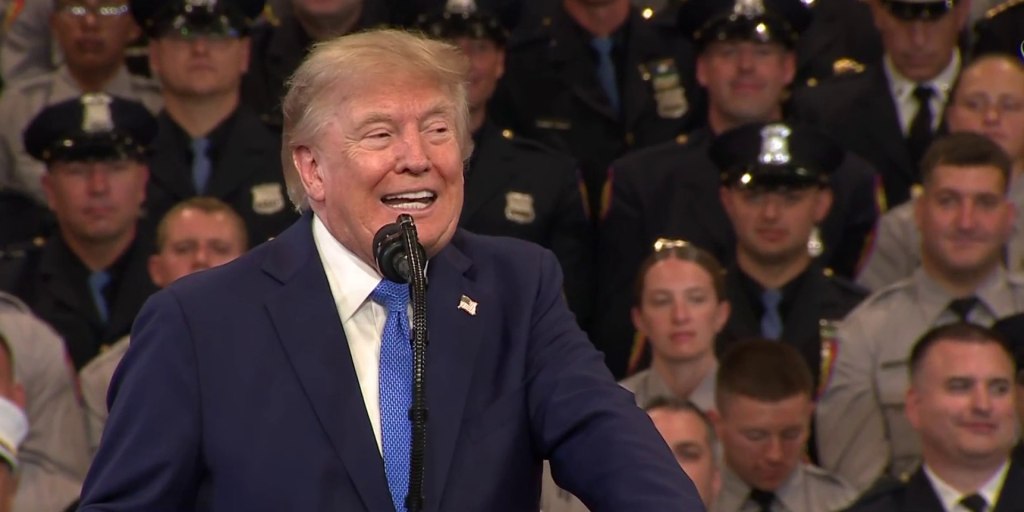 Trump, seen here explaining that gas prices are very high, very unfair, and absolutely not related to the oil industry he’s been spoon-feeding for years.