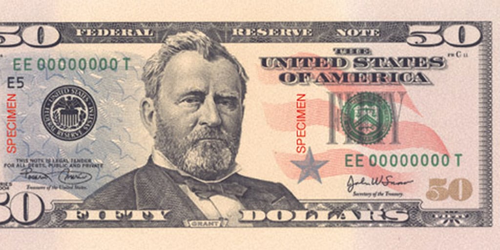 back side of 50 dollar bill, American money close-up with portrait