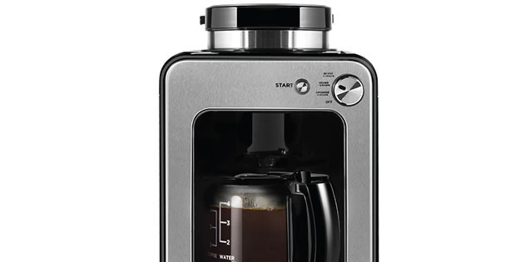 This coffee maker grinds coffee beans and brews them and is on sale