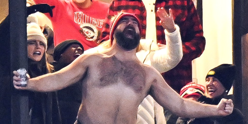 Jason Kelce's wife wasn't happy with shirtless partying at Chiefs-Bills  game — but Taylor Swift 'loves' it