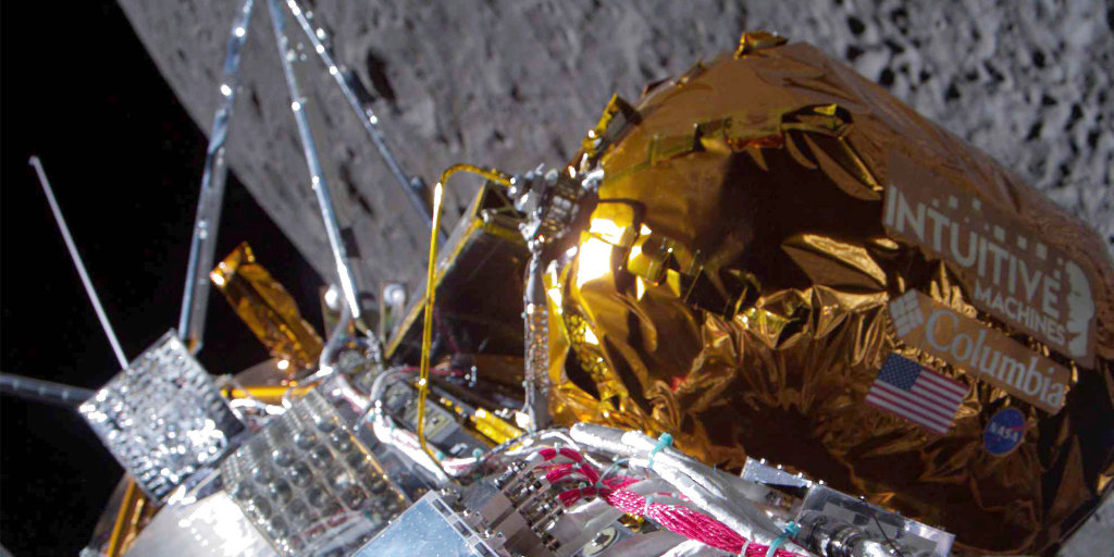 Moon lander tipped sideways on lunar surface but 'alive and
