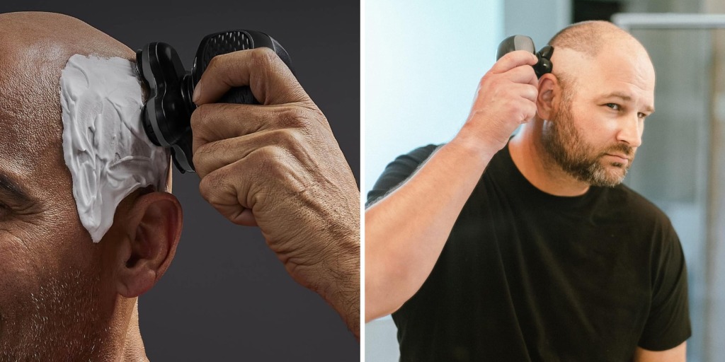 Electric head shaver and grooming tools arranged for an at-home buzz cut