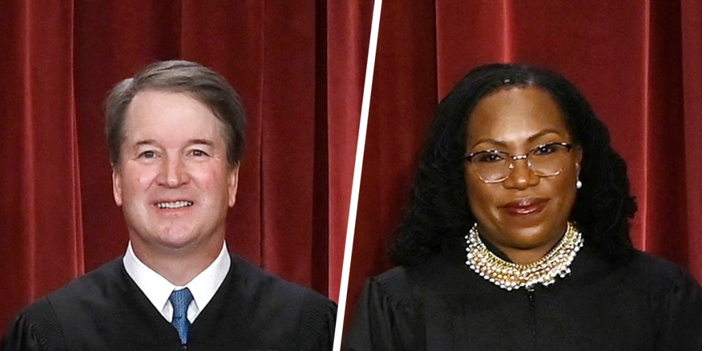 Ketanji Brown Jackson and Brett Kavanaugh politely debating whether the Supreme Court should be a court of law or Trump’s after-hours wish fulfillment service.
