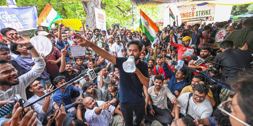 Supporters of India‘s youth-led “cockroach” movement are caned by police as they sought to march on parliament in the capital, New Delhi, despite authorities de