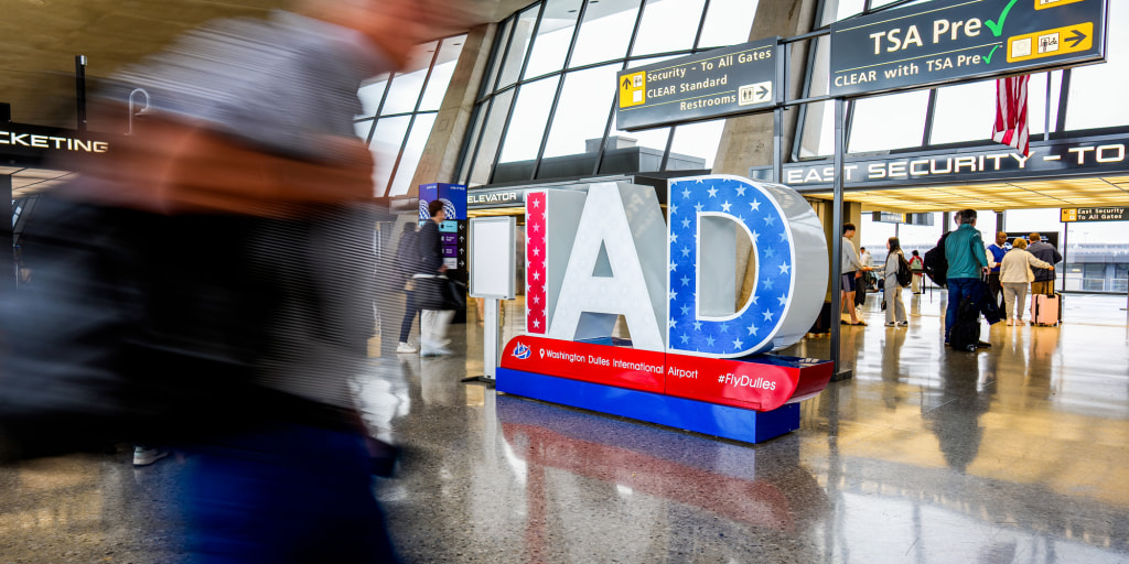 Artist’s rendering of Dulles International Airport’s future: same flights, same delays, 400% more Trump-branded ego in the terminal signage.