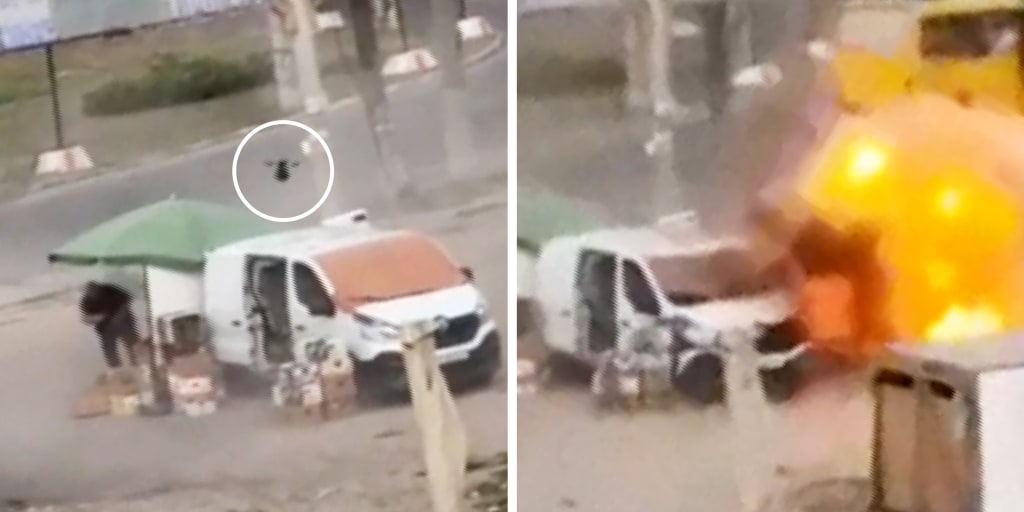 Video of a Russian drone chasing down a vegetable seller in southern Ukraine — a day after a deadly drone blast on a Russian beach packed with tourists — is hig