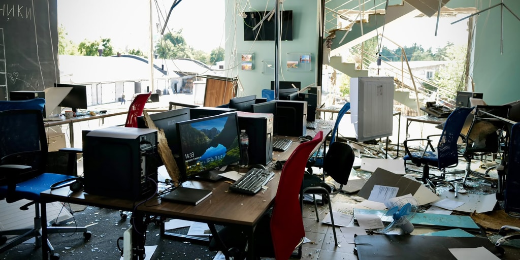 The journalists were live on the air when a Russian drone slammed into the side of the headquarters of the My-Ukraina TV channel in Kyiv, reducing much of it to ruins.