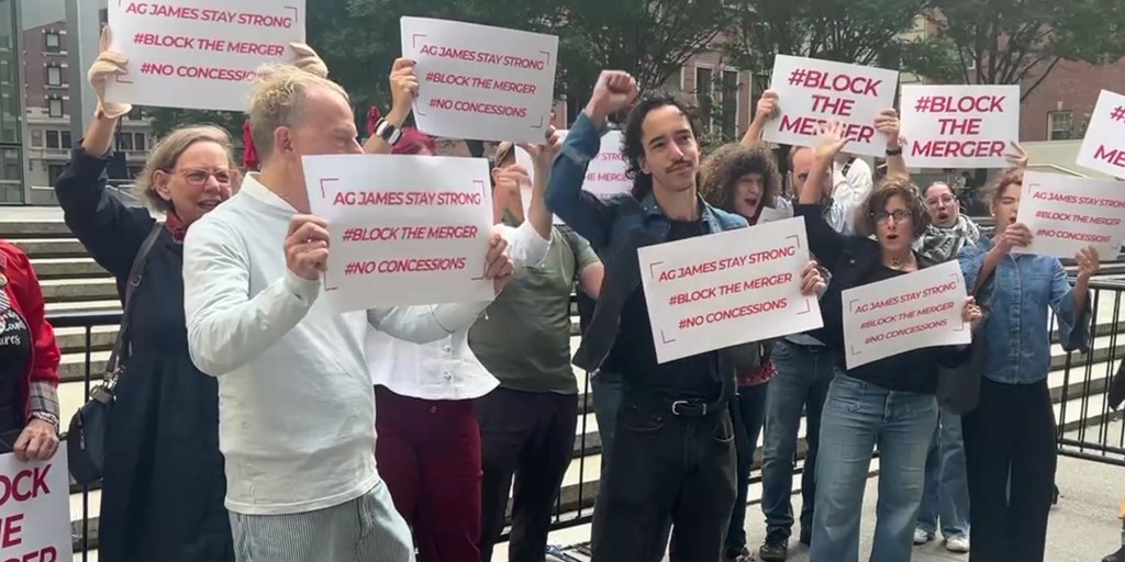 Holding signs reading “#BlockTheMerger,” protesters call on New York attorney general Letitia James to “stay strong” and resist making concessions in negotiations with Paramount.