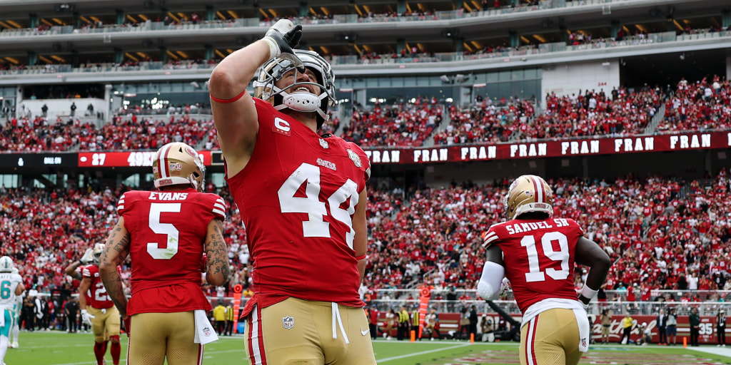 The NFL rescinds its fine on Kyle Juszczyk for doing an “imitation of chugging a beer” during his team’s victory over the Miami Dolphins, a league spokesperson confirms.