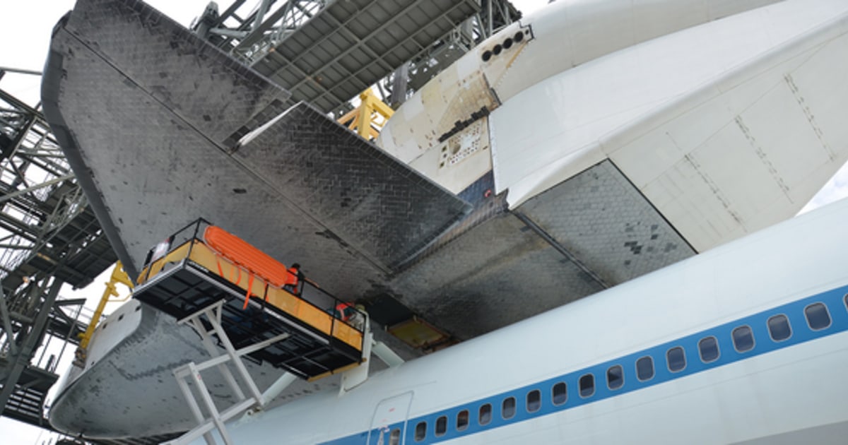 Space shuttle Endeavour mounted on 747 jumbo jet for flight to Los