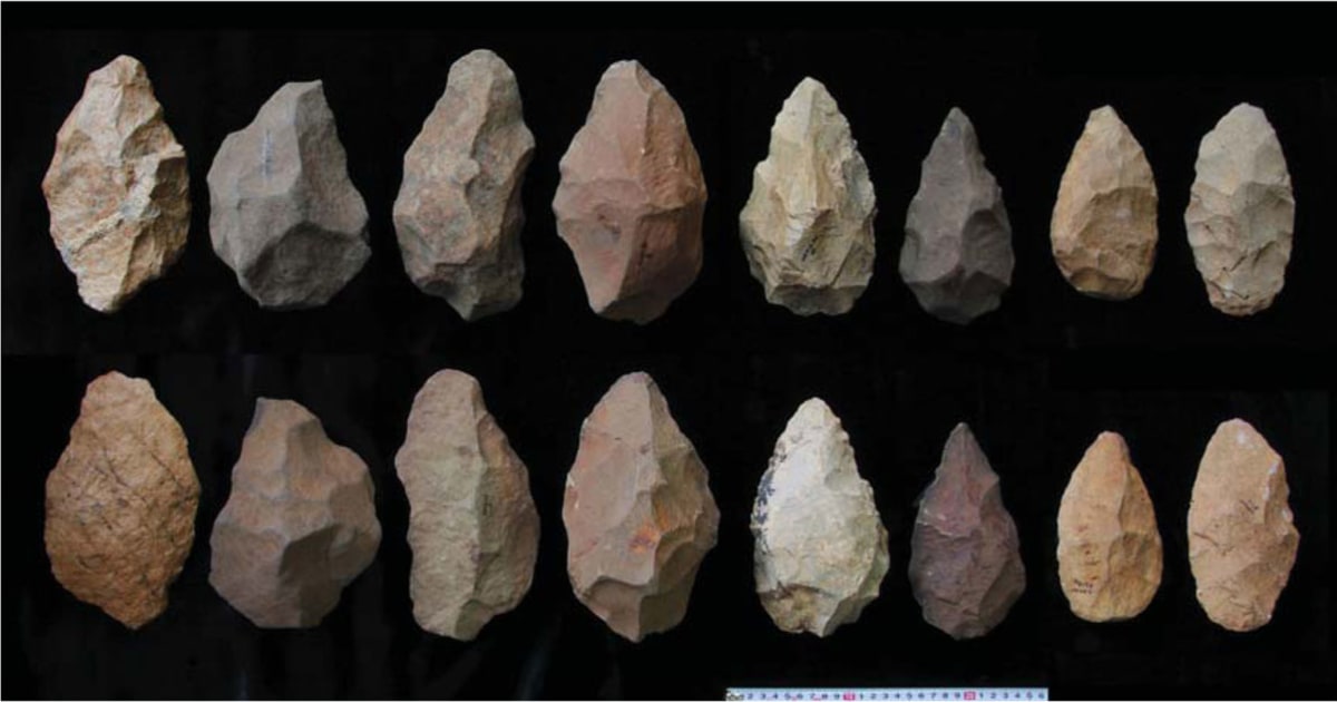 Stone tools including chopping tools, hand-axes, picks and spheroids, from  the Acheulean industry. Acheulean refers to an archaeological industry of  stone tool manufacture characterized by distinctive oval and pear-shaped  'hand-axes' associated with