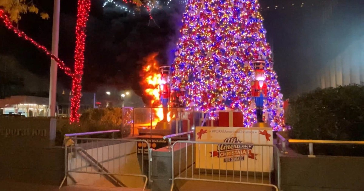 Christmas tree burns outside Fox News offices in New York