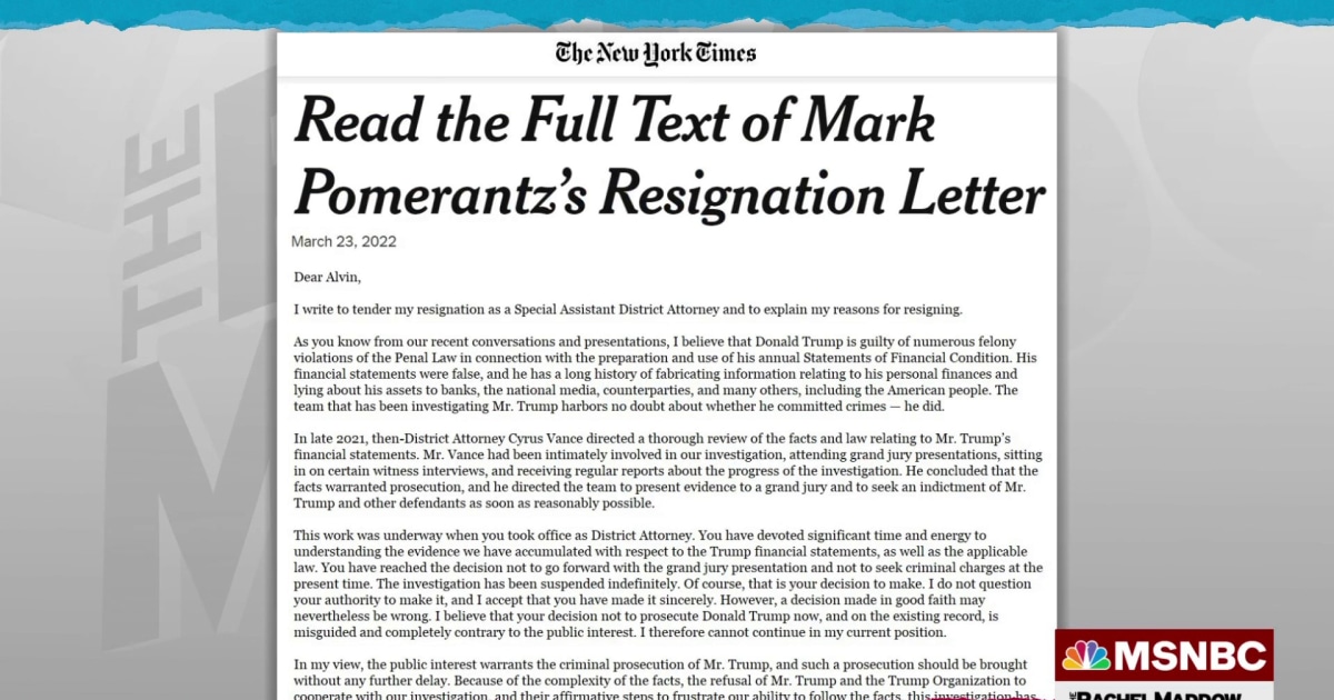 Prosecutor's resignation letter insists Trump is guilty of multiple felonies: NYT