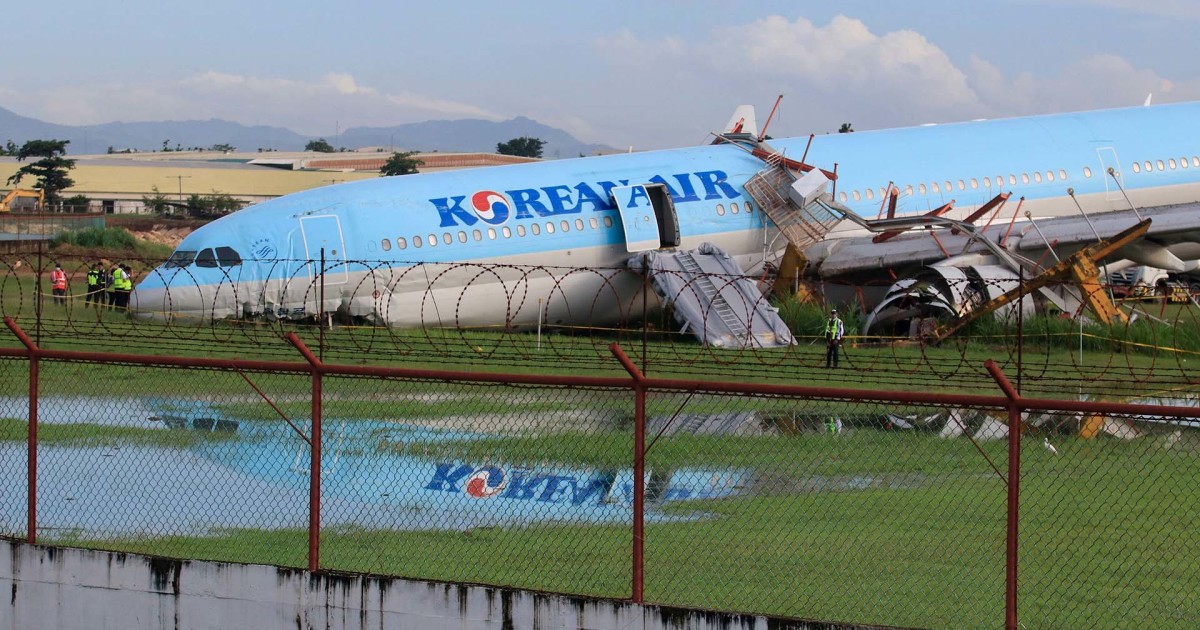 Korean Air jet overshoots runway, stops nose down in grass