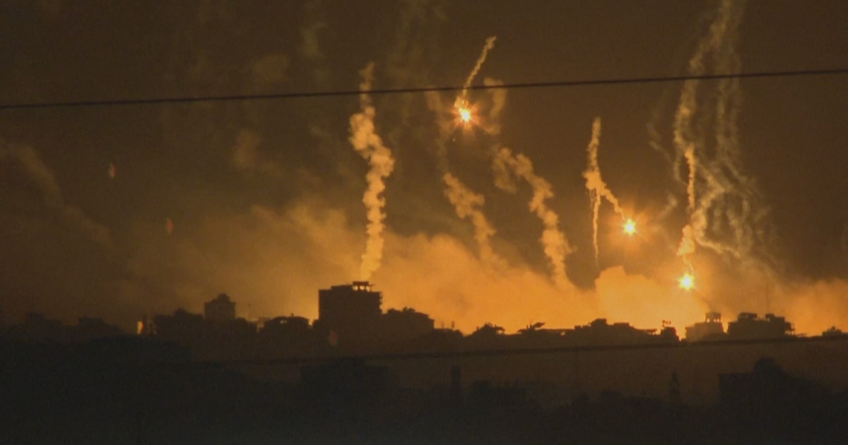 Gaza skyline shows series of flares being fired, explosions heard in