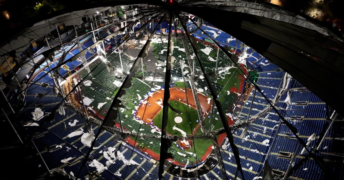 Drone video shows the damage to Tropicana Field after Hurricane Milton