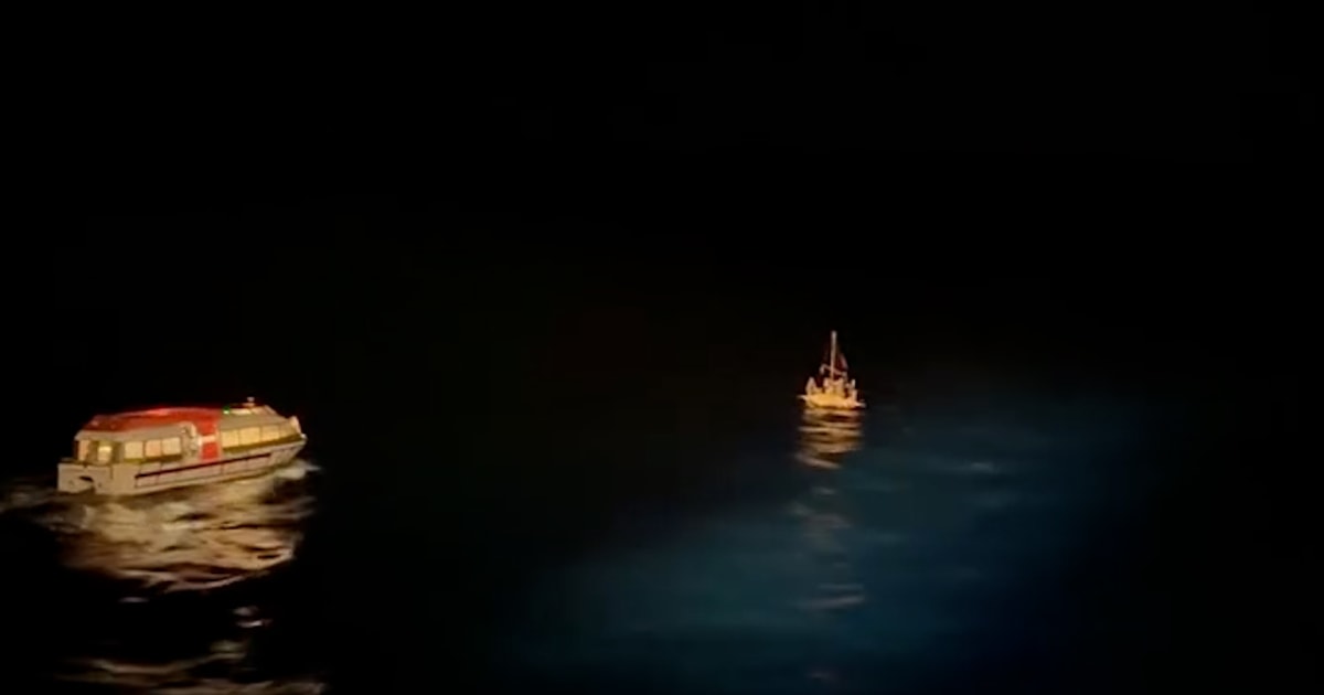 Cruise ship deploys lifeboat to rescue people on sinking raft