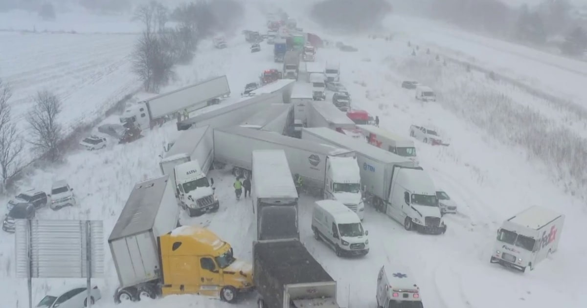Drone video shows 100-car pileup in Michigan