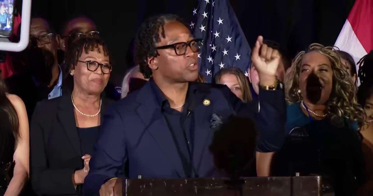 Rep. Wesley Bell speaks to voters after projected primary win in Missouri