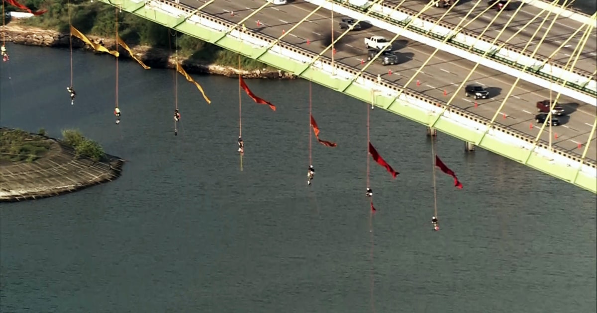 Greenpeace activists suspend themselves from Houston's Fred Hartman Bridge to protest fossil fuel