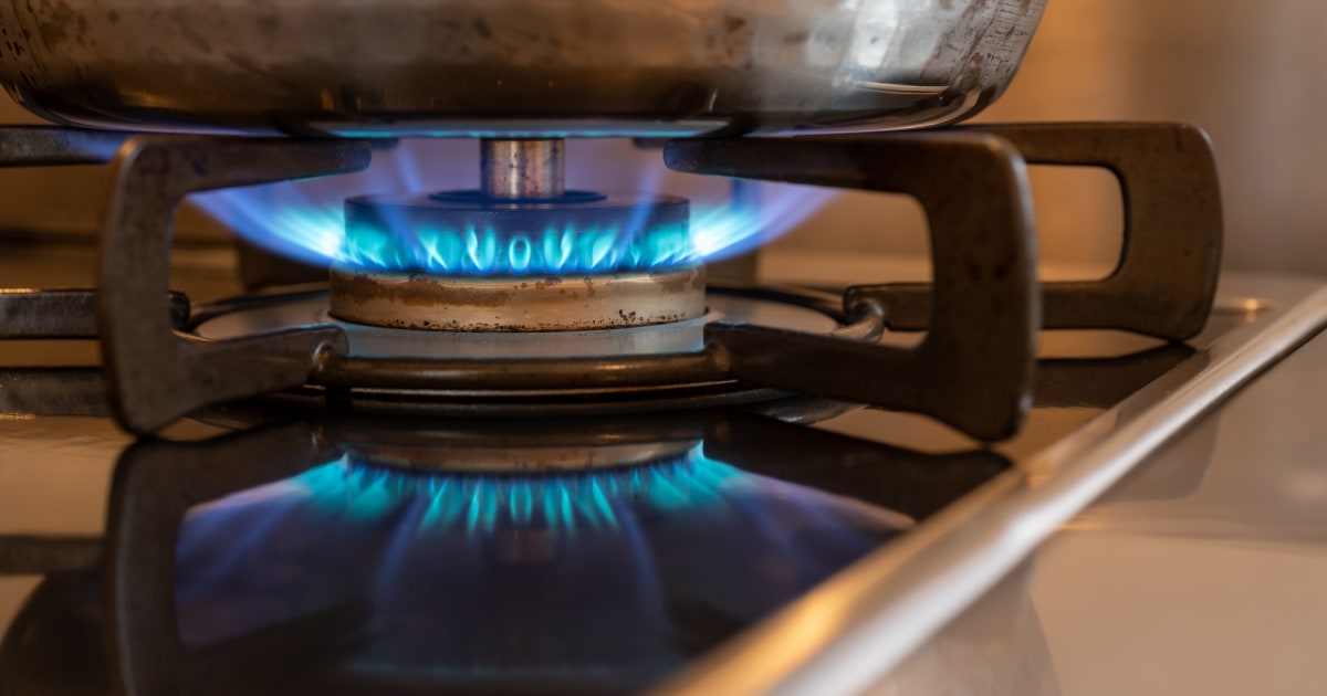 La llama azul que sale del quemador de estufa de gas natural