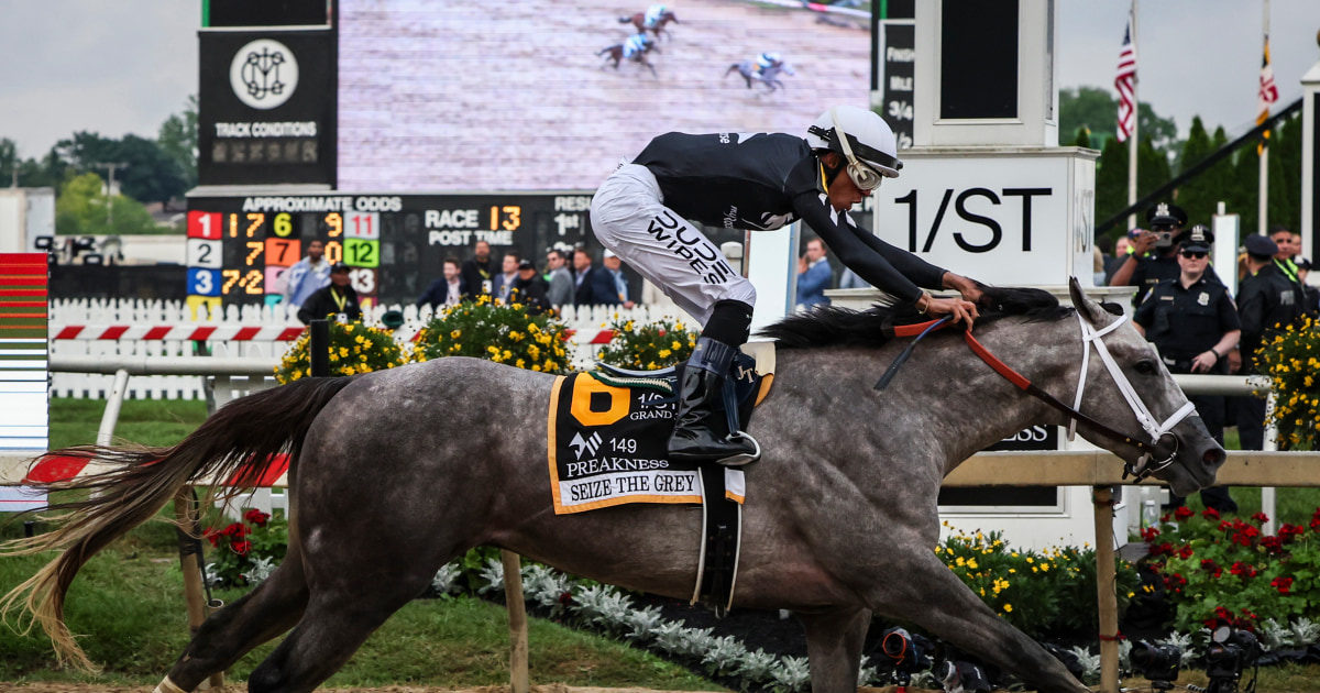 Seize the Grey wins the Preakness Stakes, ruining Mystik Dan’s Triple