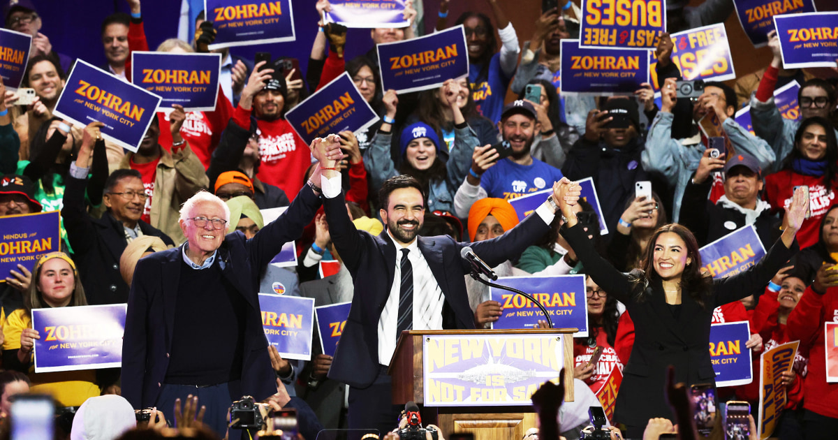 Image for Zohran Mamdani, Bernie Sanders and Alexandria Ocasio-Cortez slam Trump at raucous rally