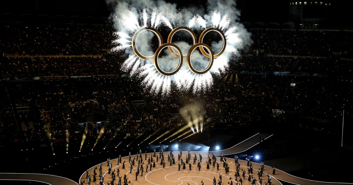 The iconic symbol of the Olympics, the five rings, made its entrance in spectacular fashion.