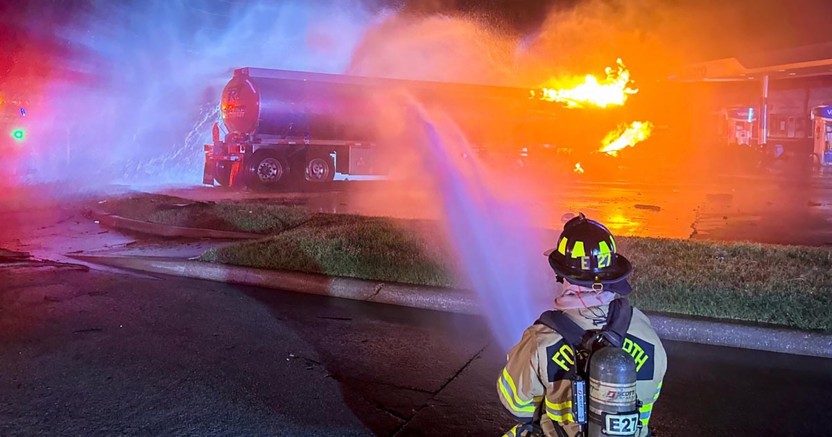 Gasoline tanker erupts in flames after hitting power lines in Texas