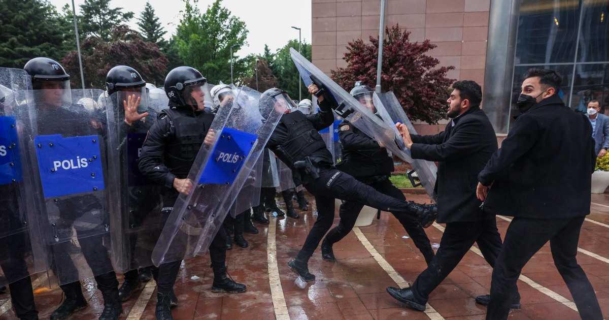 Turkish police raid headquarters of primary opposition party, using tear gas and rubber bullets. Turkish police raid headquarters of primary opposition party, using tear gas and rubber bullets.
