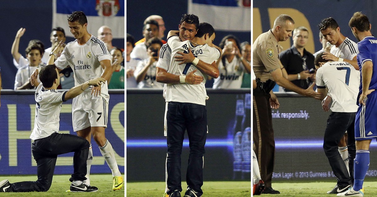 Fan invades soccer field, gets a hug from Ronaldo