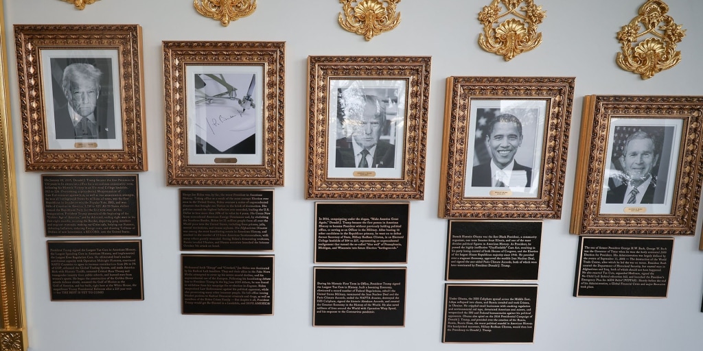 Historic White House hallway, now featuring limited-edition Trump-brand grievance plaques—because why honor the presidency when you can subtweet it in bronze?