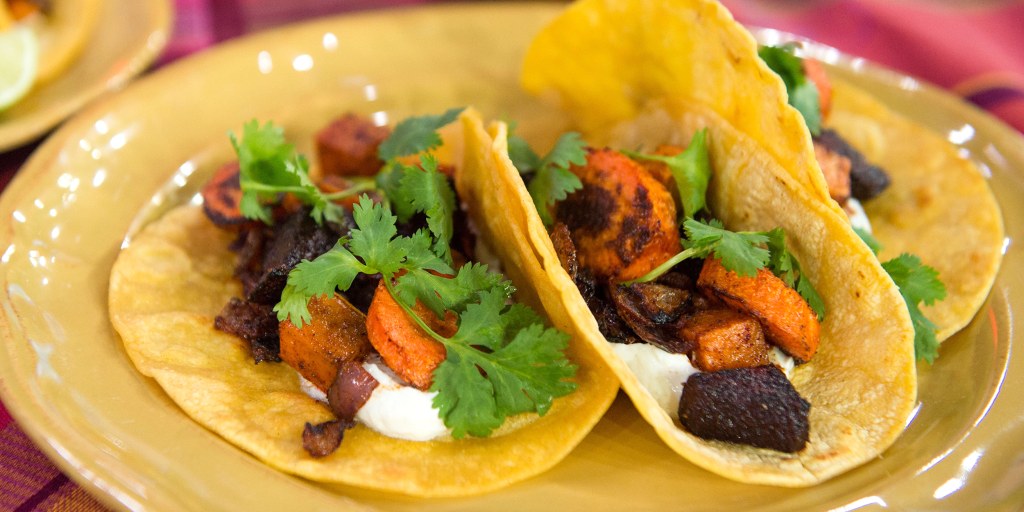 Roasted Root Vegetable Tacos With Goat Cheese Cream Recipe Slightly sweet roasted root vegetables; roasted root vegetable tacos with goat cheese cream recipe