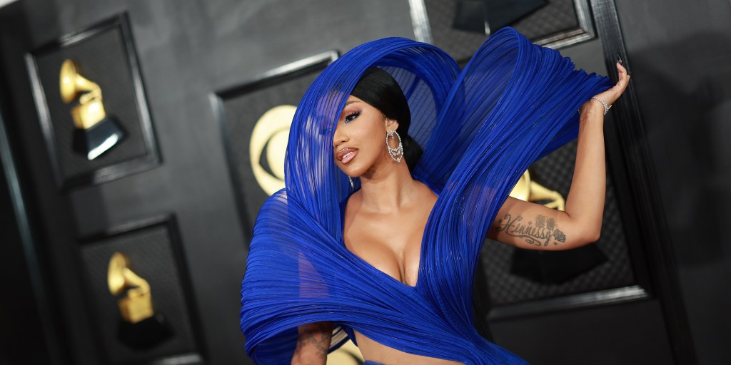 cardi b grammy dress designer Cardi B Wears Sculptural Blue Couture Dress for Grammy Awards 2023