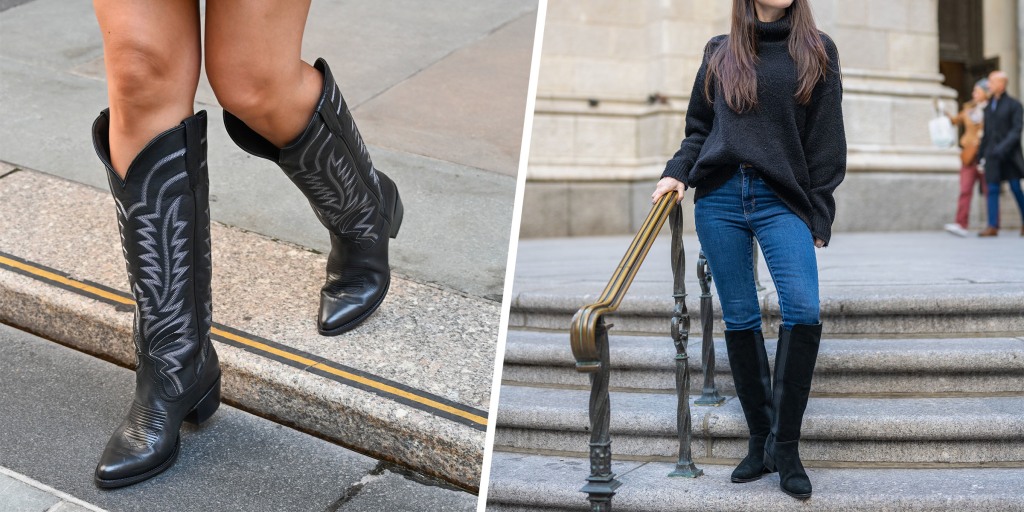 This Popular Shoe Trend Looks So Chic With Classic Leggings  Black boots  outfit, Black knee high boots outfit, Boot leggings outfit