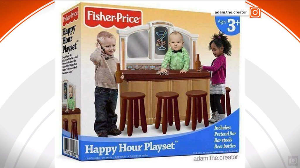 Fake Happy Hour Playset ad showing toddlers at bar spurs outrage