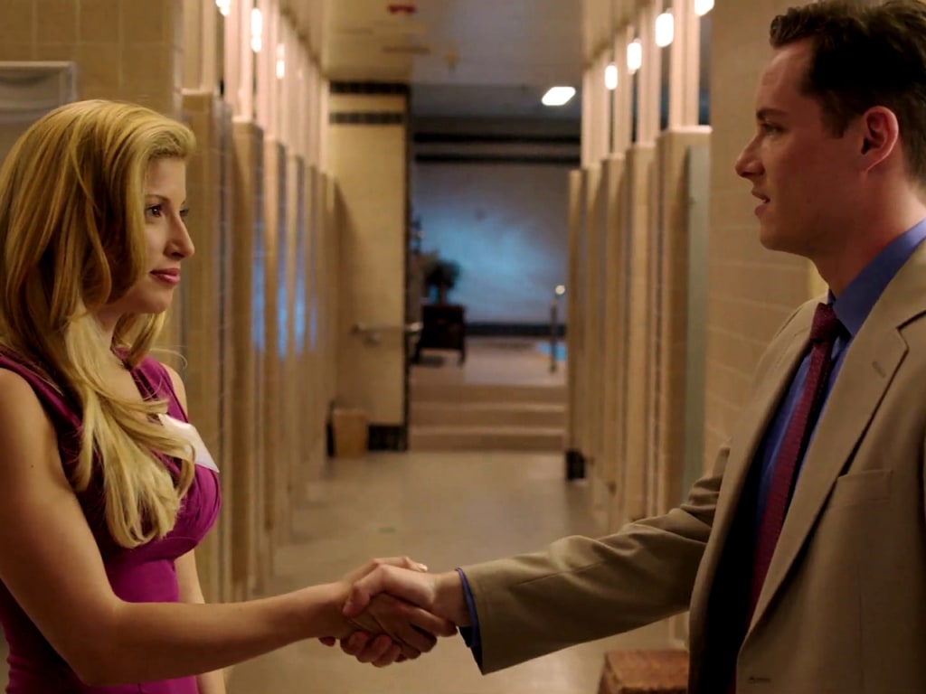 Jodi Arias (Tania Raymonde) and Travis Alexander (Jesse Lee Soffer) meet in  Lifetime movie, image size:1024x768