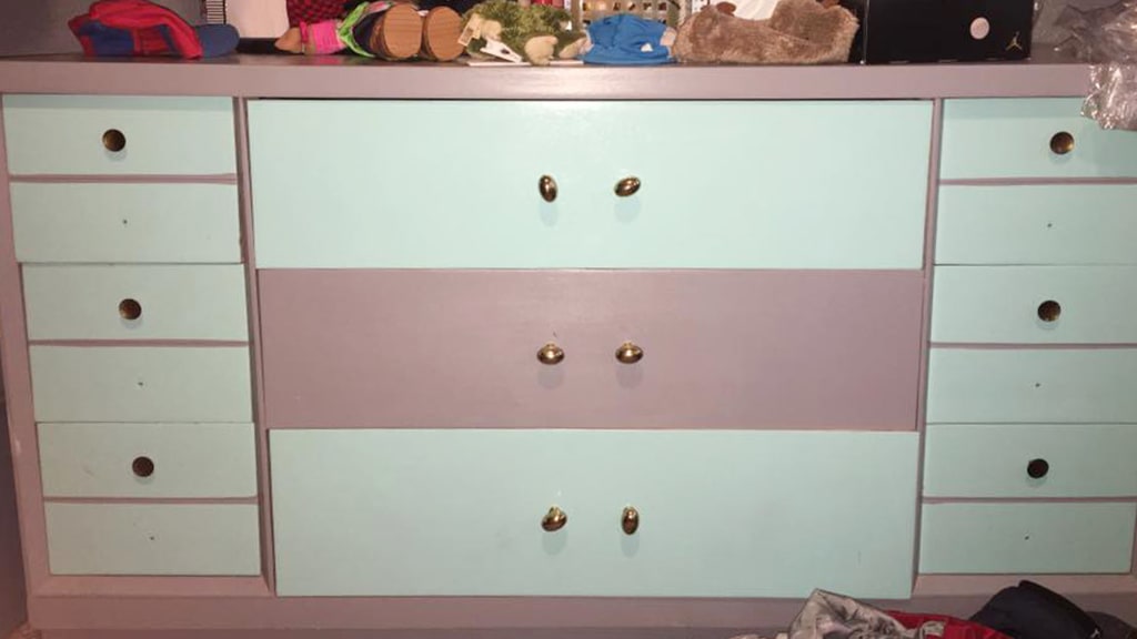 green emerald velvet dress Pink Dresser with Flower Knobs