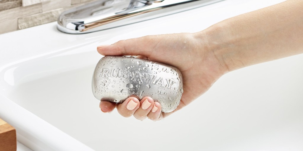 The Rub-a-way steel bar absorbs unwanted odors from hands