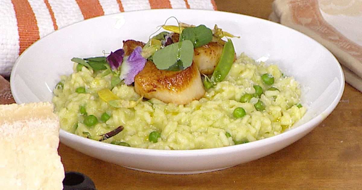 Make green pea risotto with scallops and Parmesan to celebrate spring