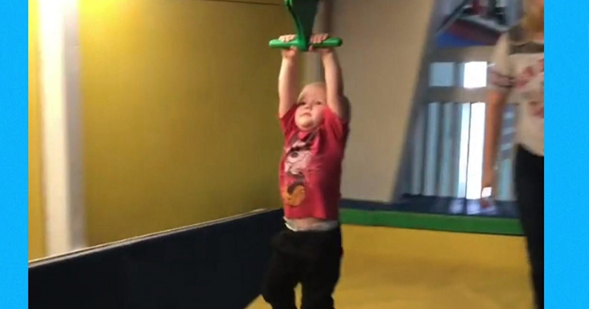 Adorable little boy crashes trying out zip lining
