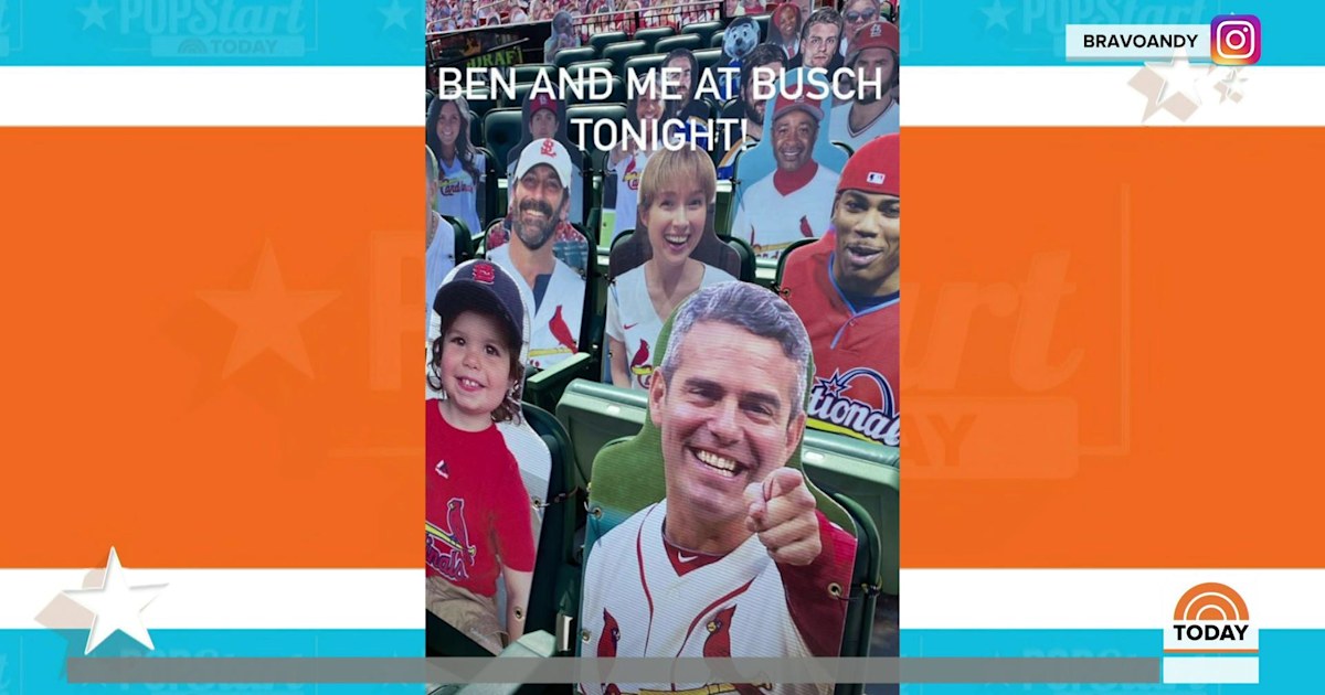 Andy Cohen and son Ben attend Cardinals game (as cardboard cutouts)(02)