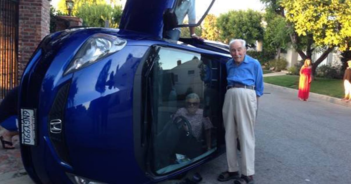 What to do when your car rolls over? This senior couple struck a pose