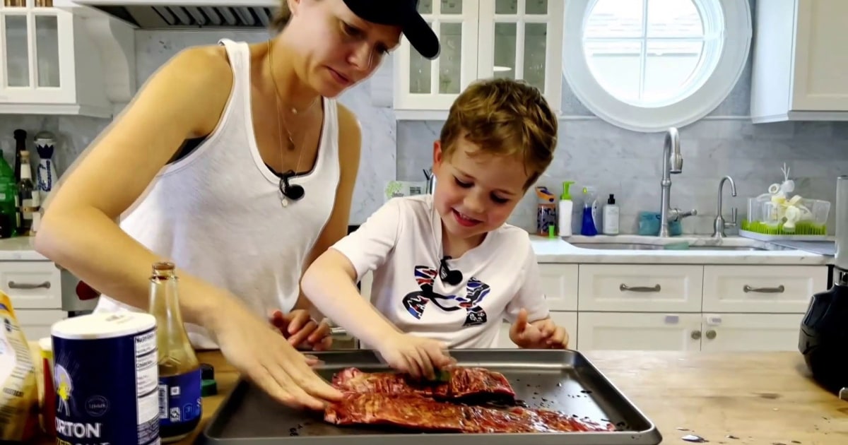 Dylan Dreyer and son Cal make a skirt steak with a green sauce