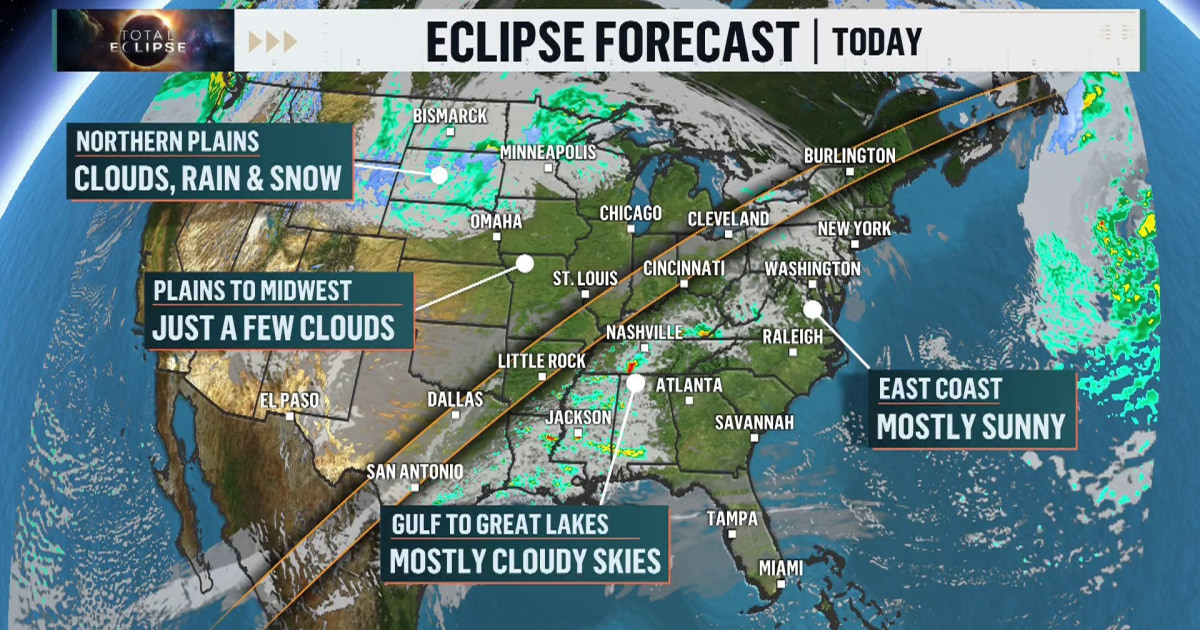 Where will it be cloudy in US during the total solar eclipse?