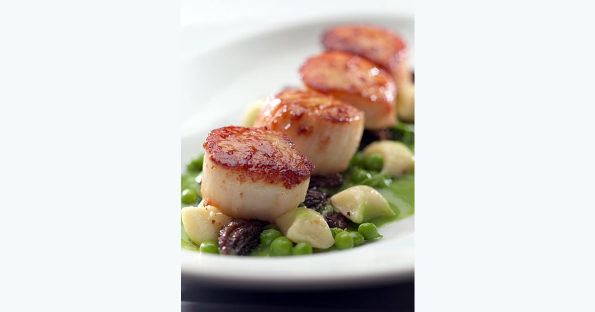 Roasted Sea Scallops with Potato Gnocchi, English Peas and Morel Mushrooms