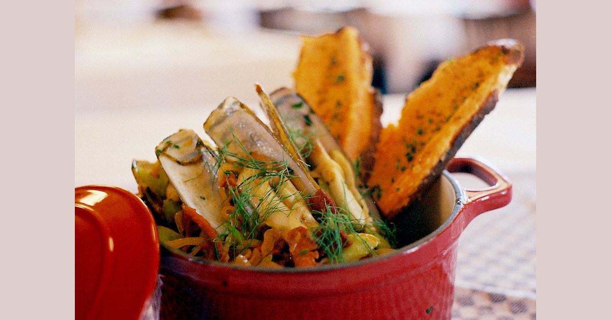 Steamed Razor Clams With Mussels and Chorizo Rouille Crisps, Potatoes