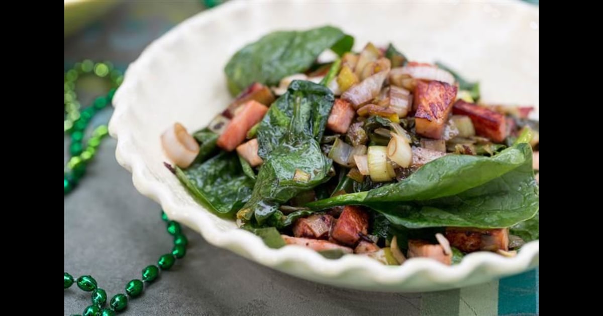 Sauteed Leek Spinach With Irish Smoked Bacon Fresh spinach is cooked in olive oil with garlic salt and parmesan cheese in this recipe. sauteed leek spinach with irish smoked bacon